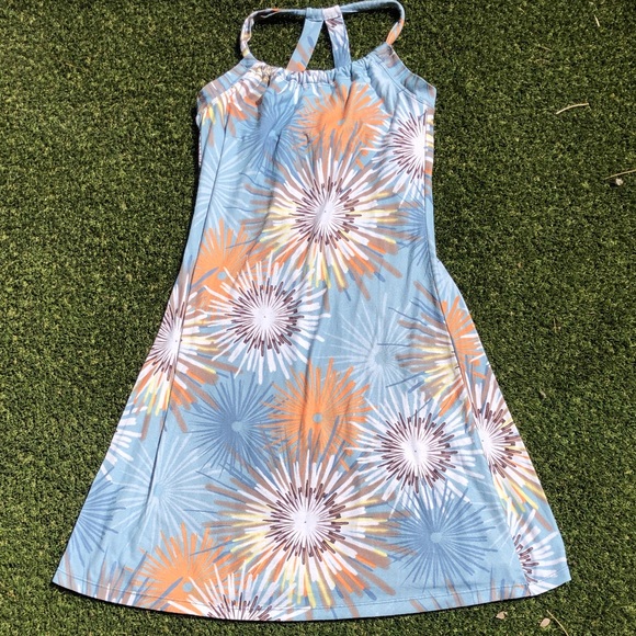 Prana Dresses & Skirts - Prana Light Blue Halter Dress with Orange Floral